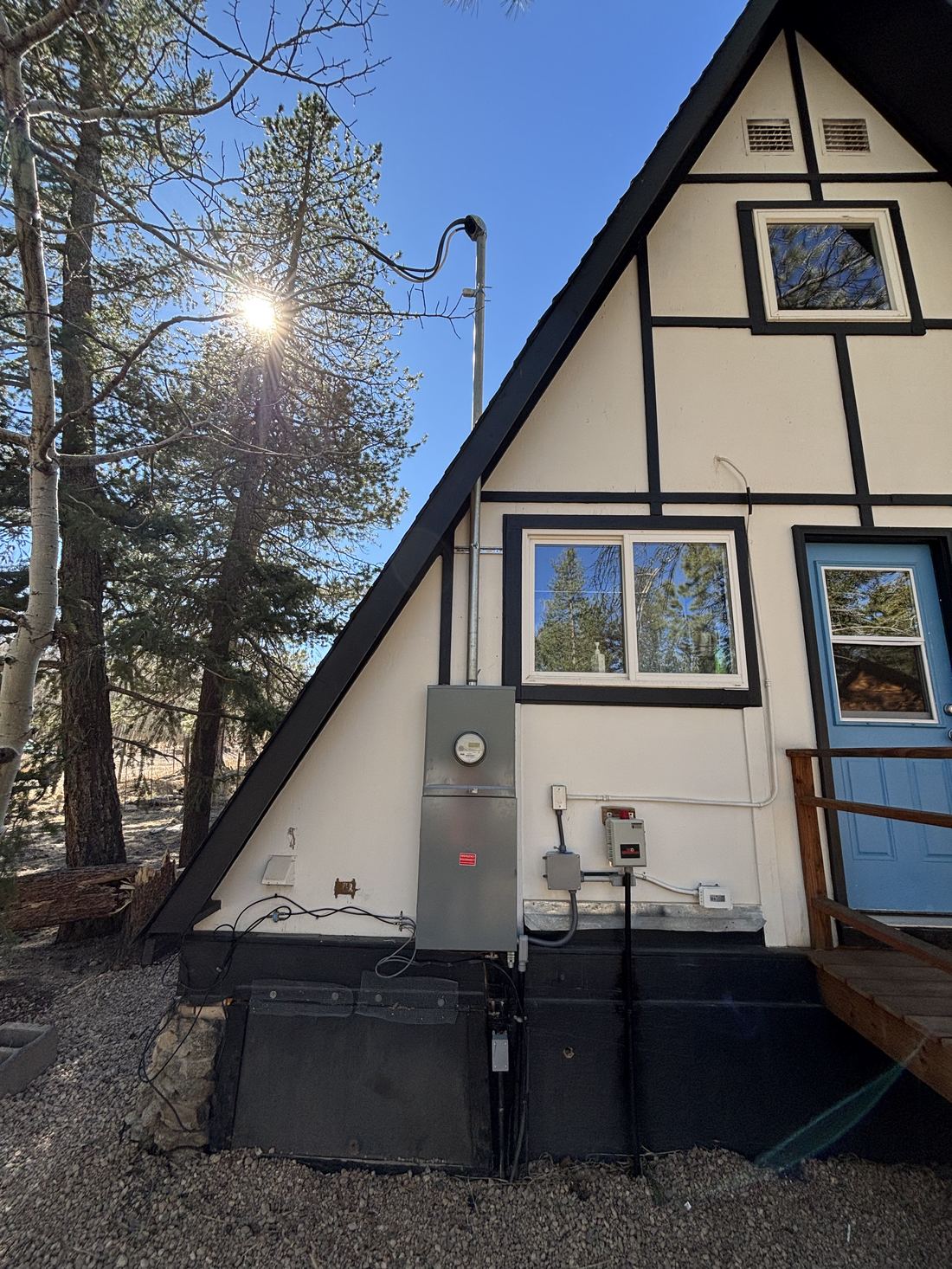 Electrical service panel and meter installed on a mountain cabin